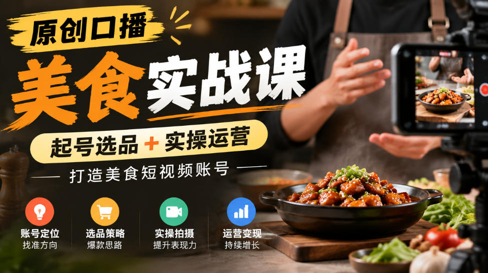原创口播美食实战课，起号选品+实操运营，打造美食短视频账号-资源社