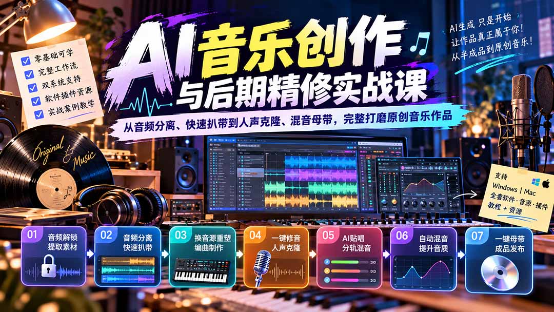 AI音乐创作与后期精修实战课：从音频分离、快速扒带到人声克隆、混音母带，完整打磨原创音乐作品-资源社