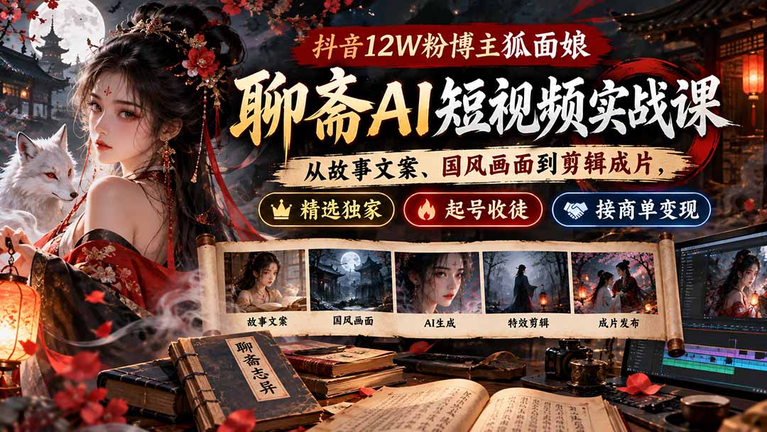 抖音12W粉博主狐面娘-聊斋AI短视频实战课:从故事文案、国风画面到剪辑成片,精选独家+起号收徒+接商单变现-资源社