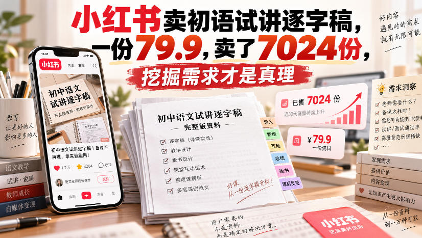 小红书卖初语试讲逐字稿,一份79.9,卖了7024份,挖掘需求才是真理-资源社