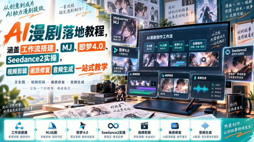 AI漫剧落地教程，涵盖工作流搭建、MJ、即梦4.0、Seedance2实操，视频剪辑画质修复音频生成一站式教学-资源社