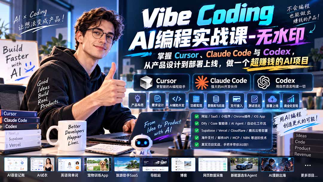 Vibe Coding AI编程实战课-无水印:掌握Cursor、Claude Code与Codex,从产品设计到部署上线,做一个超赚钱的AI项目-资源社