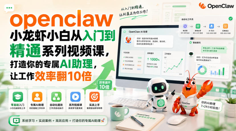 openclaw小龙虾小白从入门到精通系列视频课，打造你的专属AI助理，让工作效率翻10倍-资源社