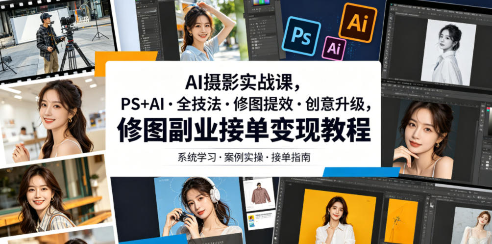 AI摄影实战课,PS+AI・全技法・修图提效・创意升级,修图副业接单变现教程-资源社