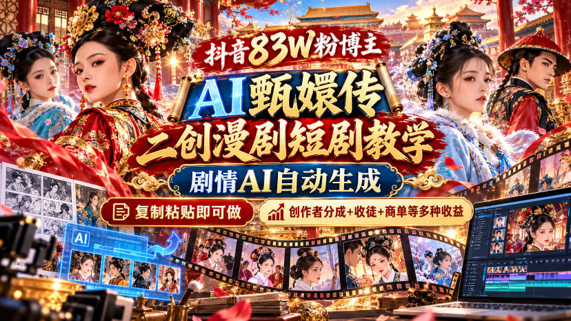 抖音83W粉博主AI甄嬛传二创漫剧短剧教学｜剧情AI自动生成，复制粘贴即可做，各大平台创作者分成+收徒等多种收益-资源社