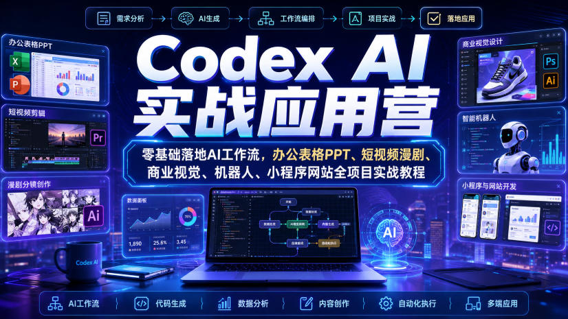 Codex AI实战应用营|零基础落地AI工作流,办公表格PPT、短视频漫剧、商业视觉、机器人、小程序网站全项目实战教程-资源社