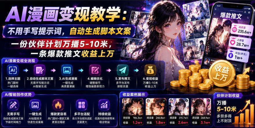 AI漫画变现教学：不用手写提示词，自动生成脚本文案，一份伙伴计划万播5-10米，一条爆款推文收益上W-资源社
