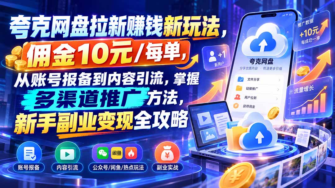夸克网盘拉新赚钱新玩法,佣金10元/每单,从账号报备到内容引流,掌握多渠道推广方法,新手副业变现全攻略-资源社