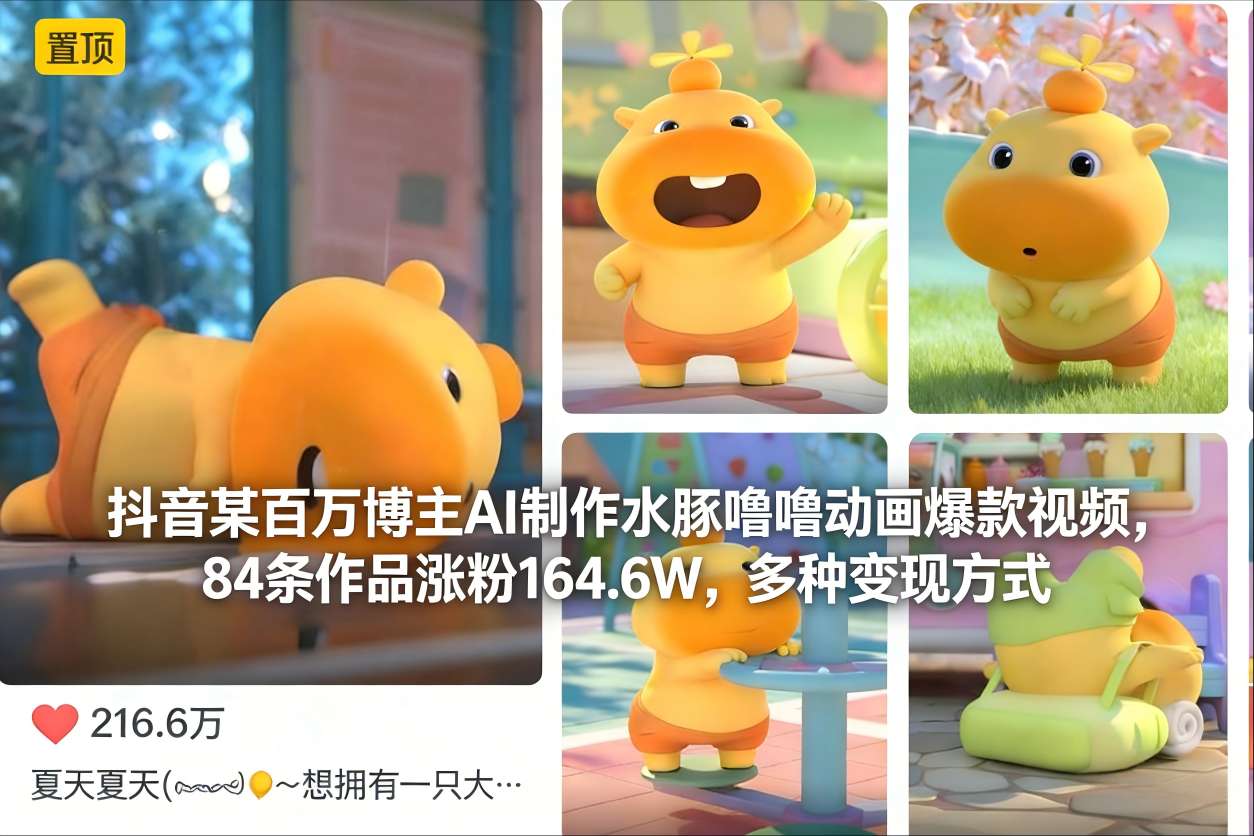 抖音某百万博主AI制作水豚噜噜动画爆款视频，84条作品涨粉164.6W，多种变现方式-资源社