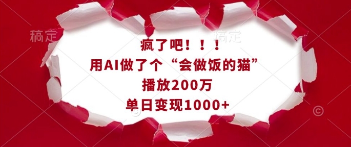 疯了吧！用AI做了个“会做饭的猫”，播放200万，单日变现1k-资源社