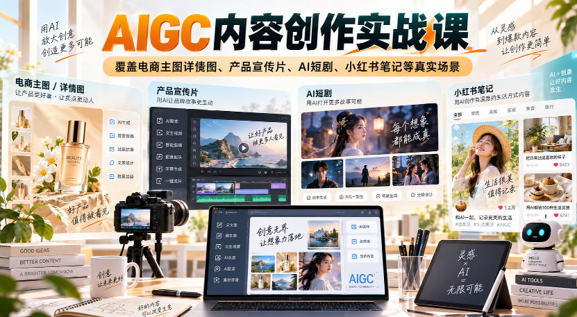 AIGC内容创作实战课,覆盖电商主图详情图、产品宣传片、AI短剧、小红书笔记等真实场景-资源社