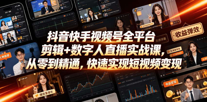 抖音快手视频号全平台剪辑+数字人直播实战课,从零到精通,快速实现短视频变现(更新2026年6月)-资源社