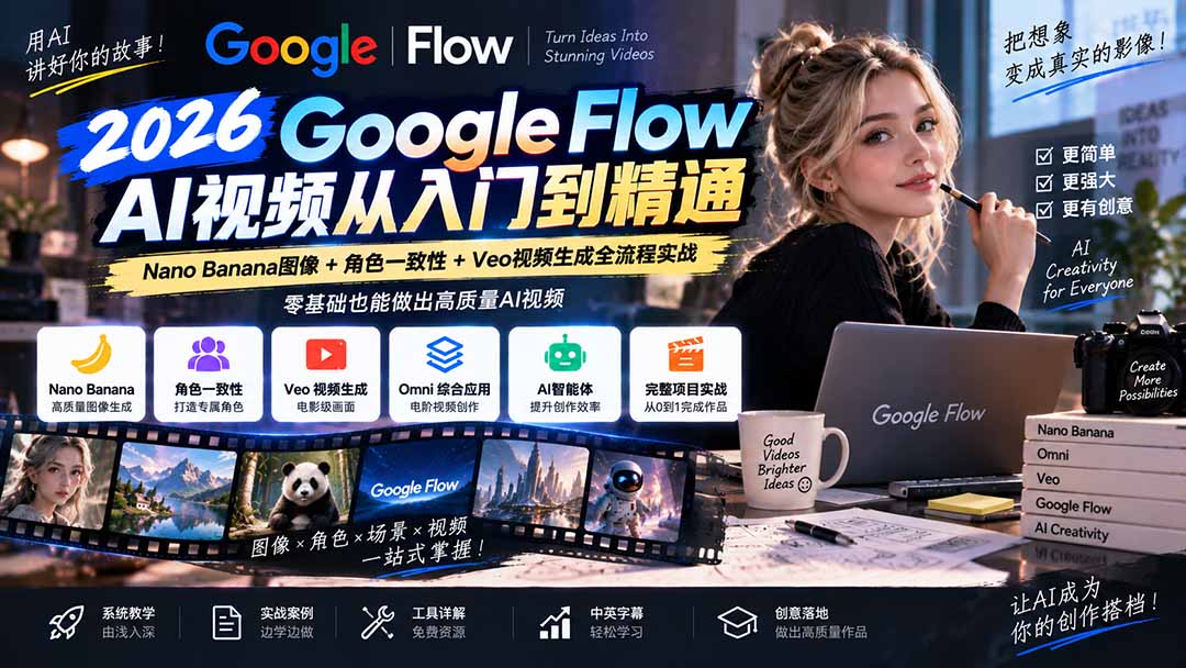 【无水印】Google Flow AI视频从入门到精通:Nano Banana图像+角色一致性+Veo视频生成全流程实战-精翻中英字幕-资源社