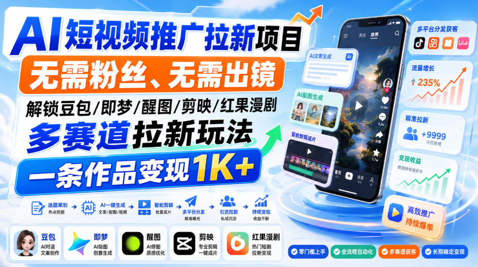 AI短视频推广拉新项目，无需粉丝、无需出镜，解锁豆包/即梦/醒图/剪映/红果漫剧多赛道拉新玩法，一条作品变现1K+-资源社