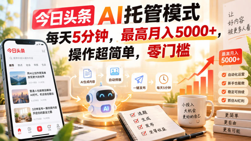 今日头条AI托管模式，每天5分钟，最高月入5000+，操作超简单，零门槛【揭秘】-资源社