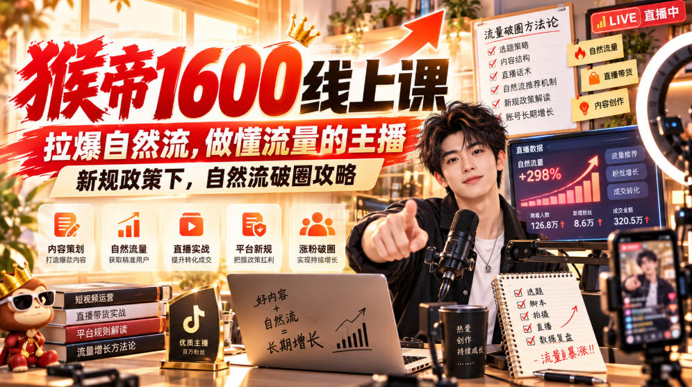猴帝1600线上课，拉爆自然流，做懂流量的主播，新规政策下，自然流破圈攻略【更新260926】-资源社