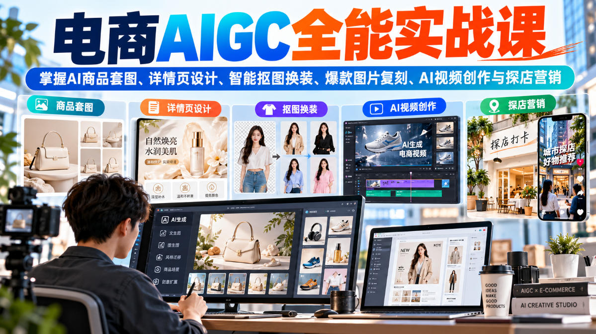 电商AIGC全能实战课：掌握AI商品套图、详情页设计、智能抠图换装、爆款图片复刻、AI视频创作与探店营销-资源社