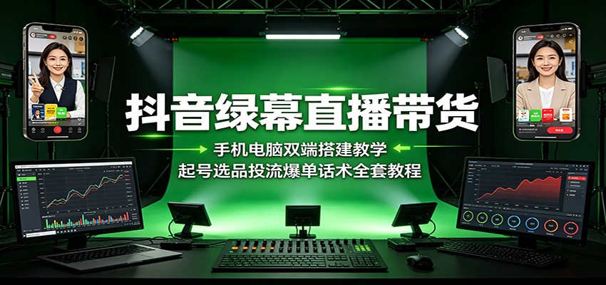 抖音绿幕直播带货：手机电脑双端搭建教学，起号选品投流爆单话术全套教程-资源社