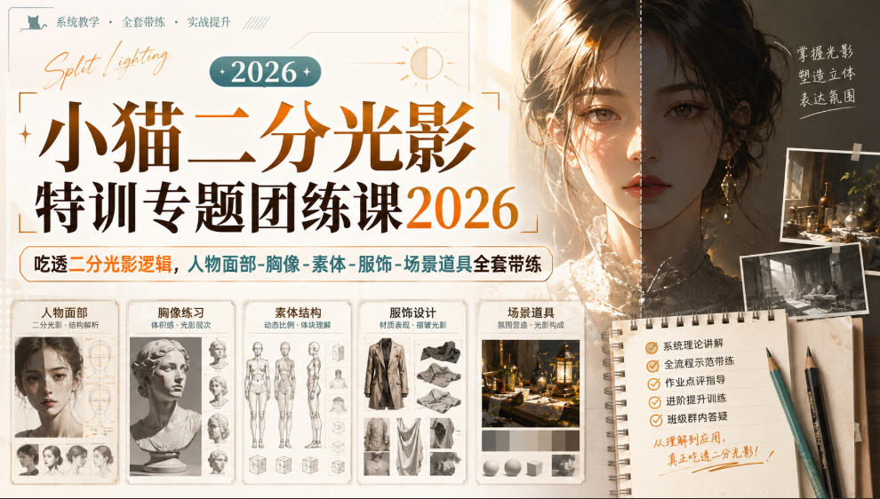 小猫二分光影特训专题团练课2026｜吃透二分光影逻辑，人物面部‑胸像‑素体‑服饰‑场景道具全套带练，高清画质附赠课件与笔刷-资源社