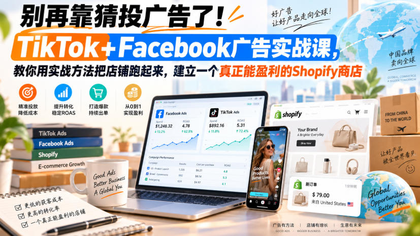 别再靠猜投广告了！TikTok+Facebook广告实战课，教你用实战方法把店铺跑起来，建立一个真正能盈利的Shopify商店【原创双语字幕】-资源社