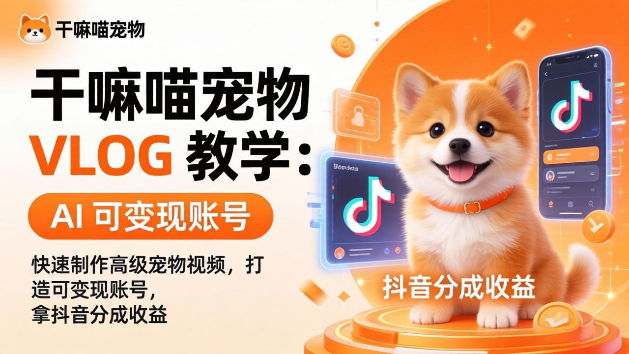 干嘛喵宠物 VLOG 教学:AI 快速制作高级宠物视频,打造可变现账号,拿抖音分成收益-资源社