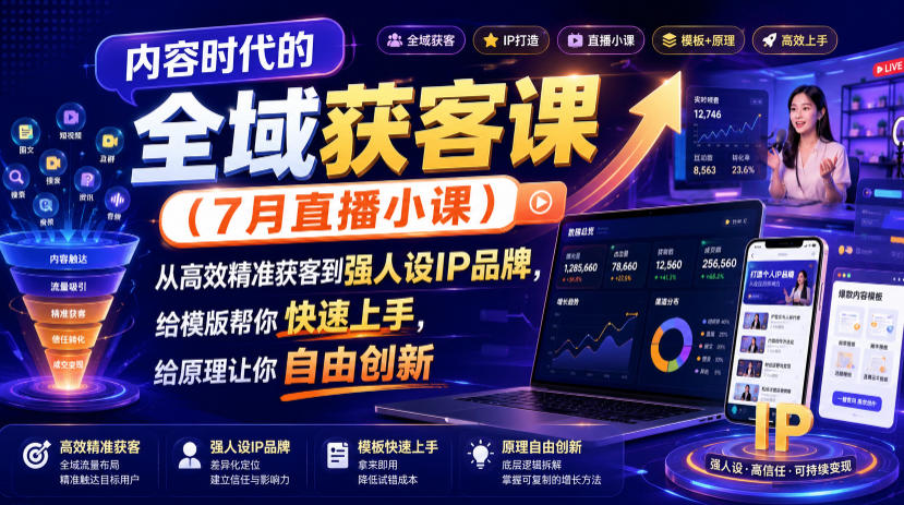 内容时代的全域获客课(7月直播小课),从高效精准获客到强人设IP品牌,给模版帮你快速上手,给原理让你自由创新-资源社