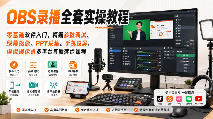 OBS录播全套实操教程|零基础软件入门、精细参数调试、绿幕抠像、手机投屏、虚拟摄像机多平台直播落地课程-资源社