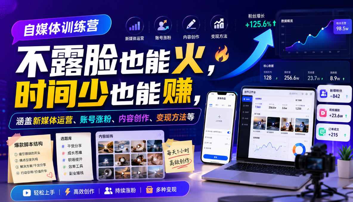 自媒体训练营，不露脸也能火，时间少也能賺，涵盖新媒体运营、账号涨粉、内容创作、变现方法等-资源社