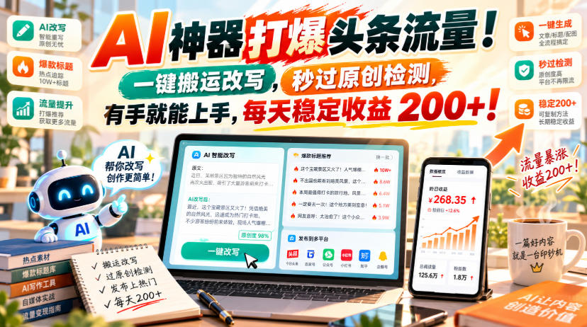 AI神器打爆头条流量,一键搬运改写,秒过原创检测,有手就能上手,每天稳定收益200+!【揭秘】-资源社