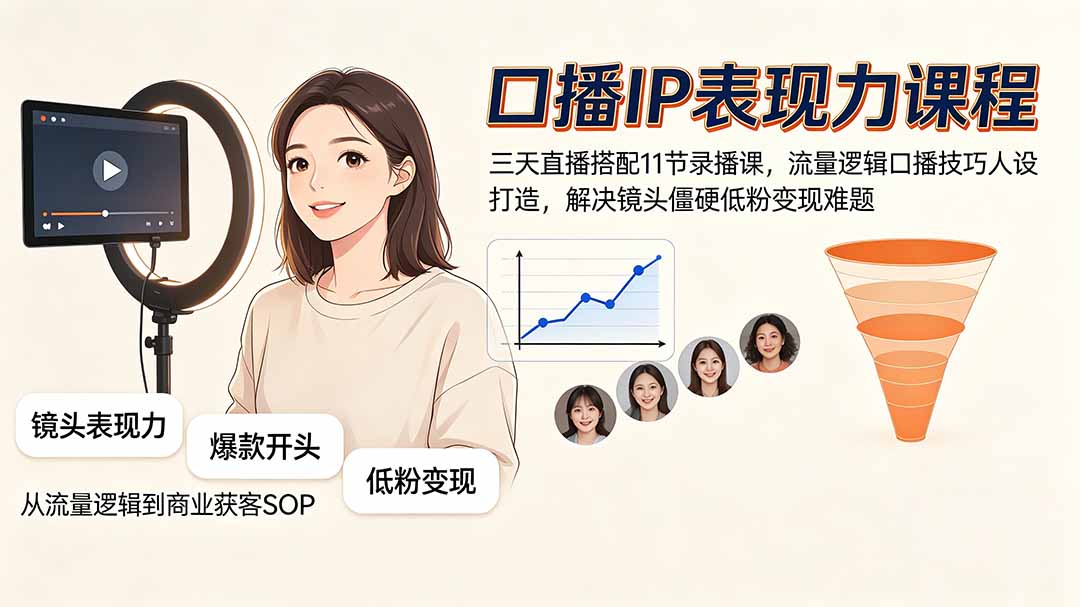 口播IP表现力课程|三天直播搭配11节录播课,流量逻辑口播技巧人设打造,解决镜头僵硬低粉变现难题-资源社