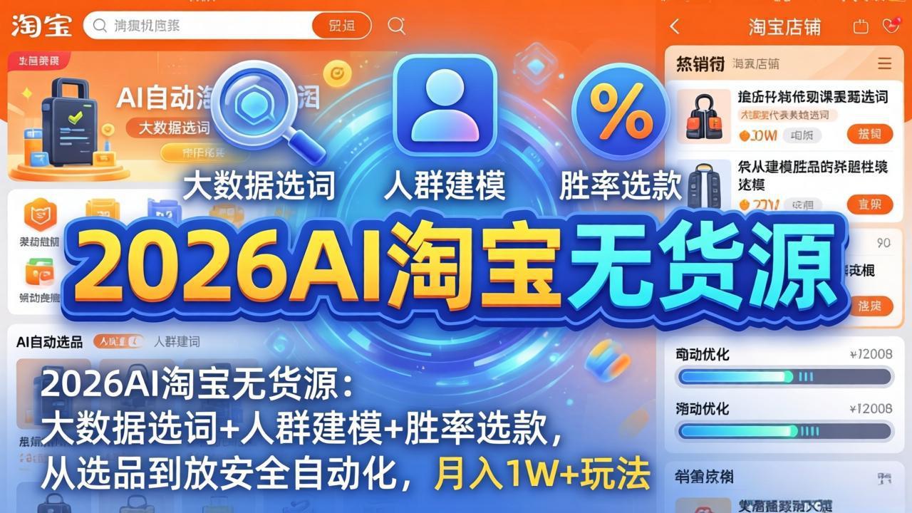 2026AI淘宝无货源-4月更新：大数据选词+人群建模+胜率选款，从选品到放大全自动化，月入1W+玩法-资源社