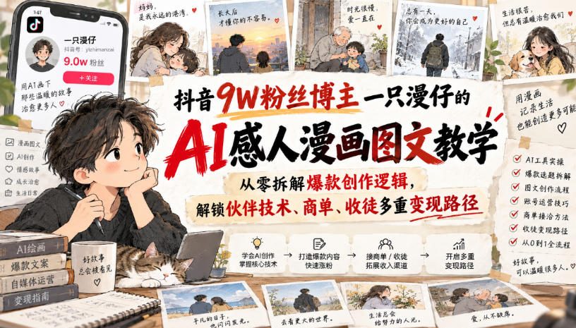 抖音9W粉丝博主一只漫仔的AI感人漫画图文教学，从零拆解爆款创作逻辑，解锁伙伴技术、商单、收徒多重变现路径-资源社
