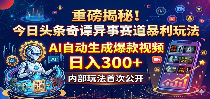 重磅揭秘!今日头条奇谭异事赛道暴利玩法:AI自动生成爆款视频,日入300+-资源社