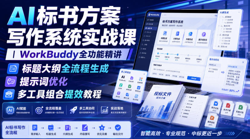 AI标书方案写作系统实战课｜WorkBuddy全功能精讲・标题大纲全流程生成・提示词优化・多工具组合提效教程-资源社