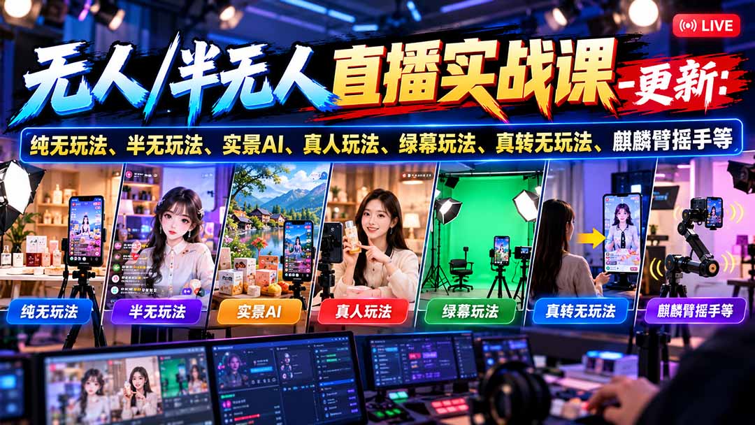 无人/半无人直播实战课-10月20更新:纯无玩法、半无玩法、实景AI、真人玩法、绿幕玩法、真转无玩法、麒麟臂摇手等-资源社