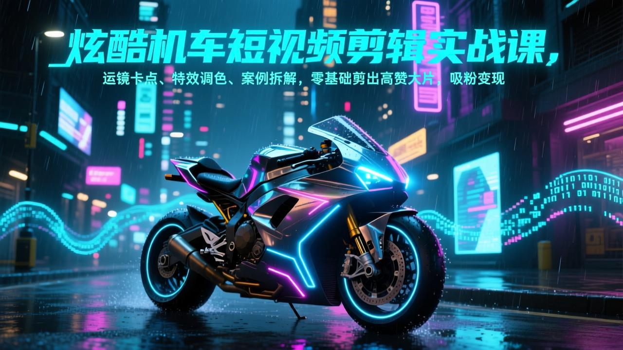 炫酷机车短视频剪辑实战课，运镜卡点、特效调色、案例拆解，零基础剪出高赞大片，吸粉变现-资源社