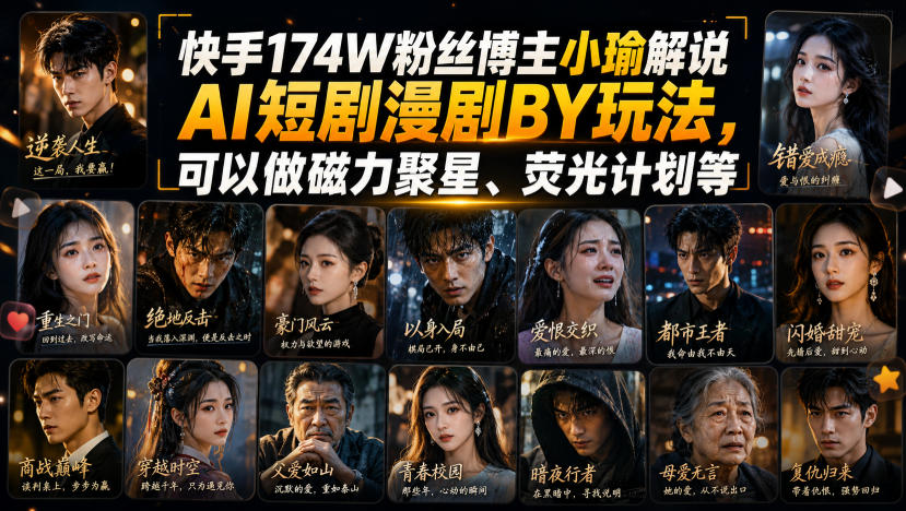 快手174W粉丝博主小瑜解说AI短剧漫剧搬运玩法,可以做磁力聚星、荧光计划等-资源社