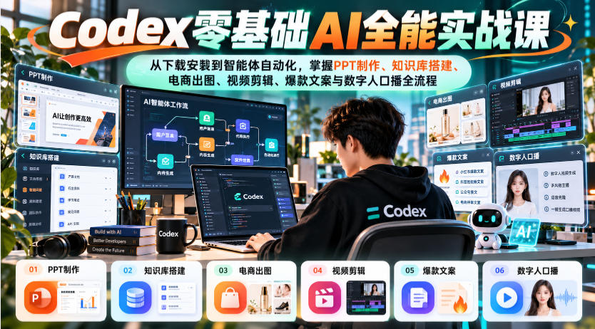 Codex零基础AI全能实战课：从下载安装到智能体自动化，掌握知识库搭建、电商出图、视频剪辑、爆款文案与数字人口播全流程-资源社