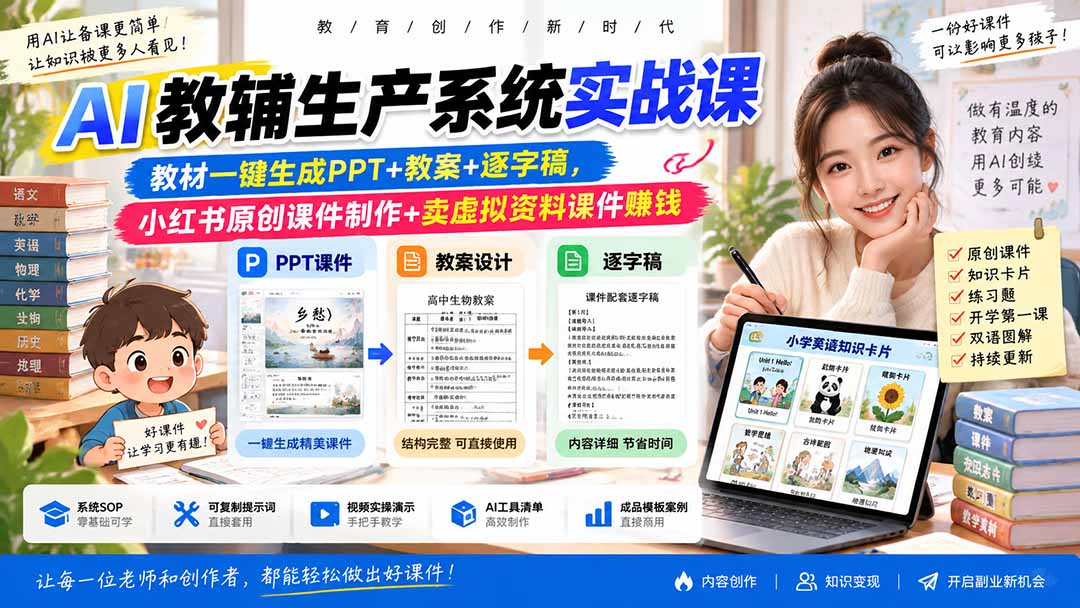 AI教辅生产系统实战课｜教材一键生成PPT+教案+逐字稿，小红书原创课件制作+卖虚拟资料课件赚钱-资源社