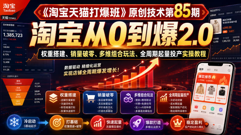 《淘宝天猫打爆班》原创技术第85期,淘宝从0到爆2.0,权重搭建、销量破零、多维组合玩法、全周期起量投产实操教程-资源社