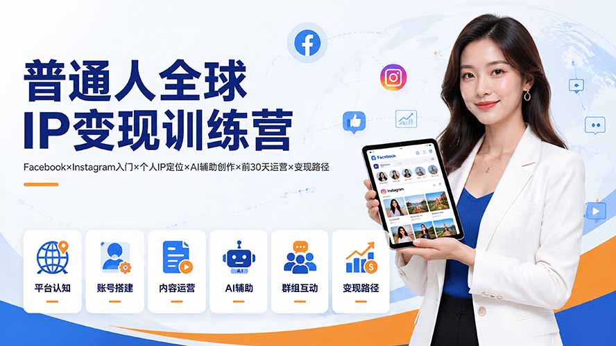 普通人全球IP变现训练营：Facebook×Instagram入门×个人IP定位×AI辅助创作×前30天运营×变现路径-资源社