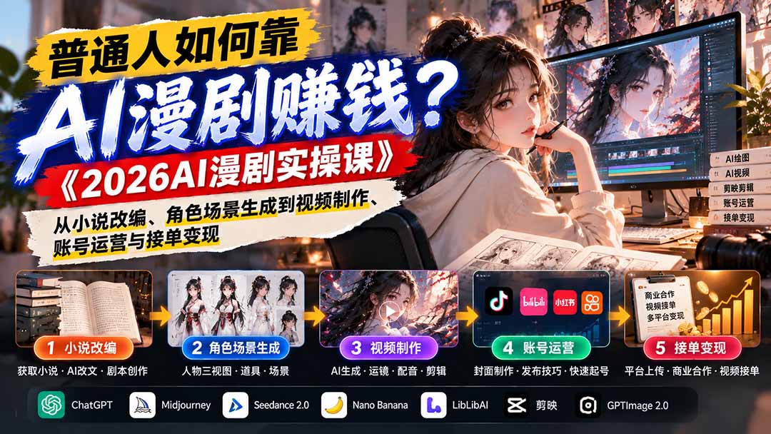 普通人如何靠AI漫剧赚钱？《2026AI漫剧实操课》从小说改编、角色场景生成到视频制作、账号运营与接单变现-资源社