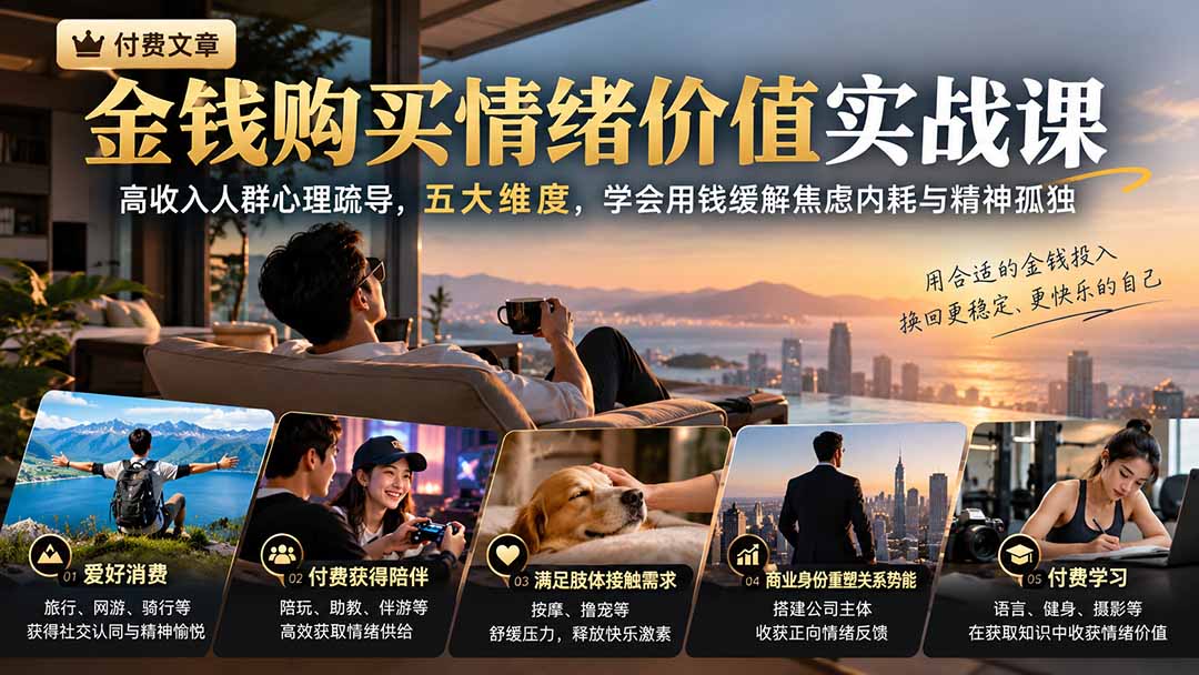 付费文章:金钱购买情绪价值实战课|高收入人群心理疏导,五大维度,学会用钱缓解焦虑内耗与精神孤独-资源社