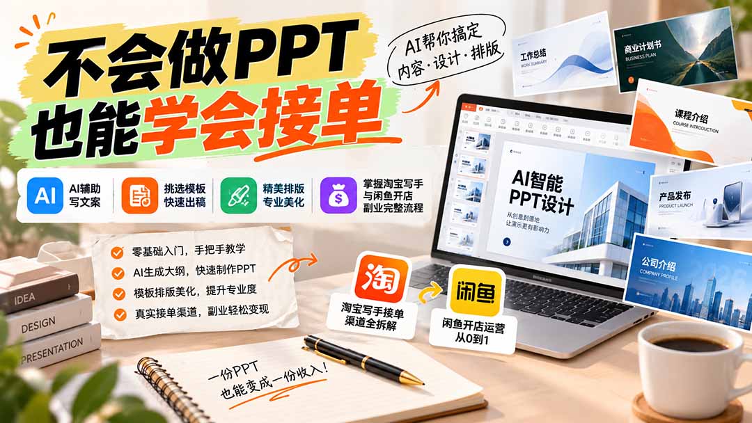 不会做PPT也能学会接单:AI辅助写文案、挑模板、做排版,掌握淘宝写手与闲鱼开店副业完整流程-资源社