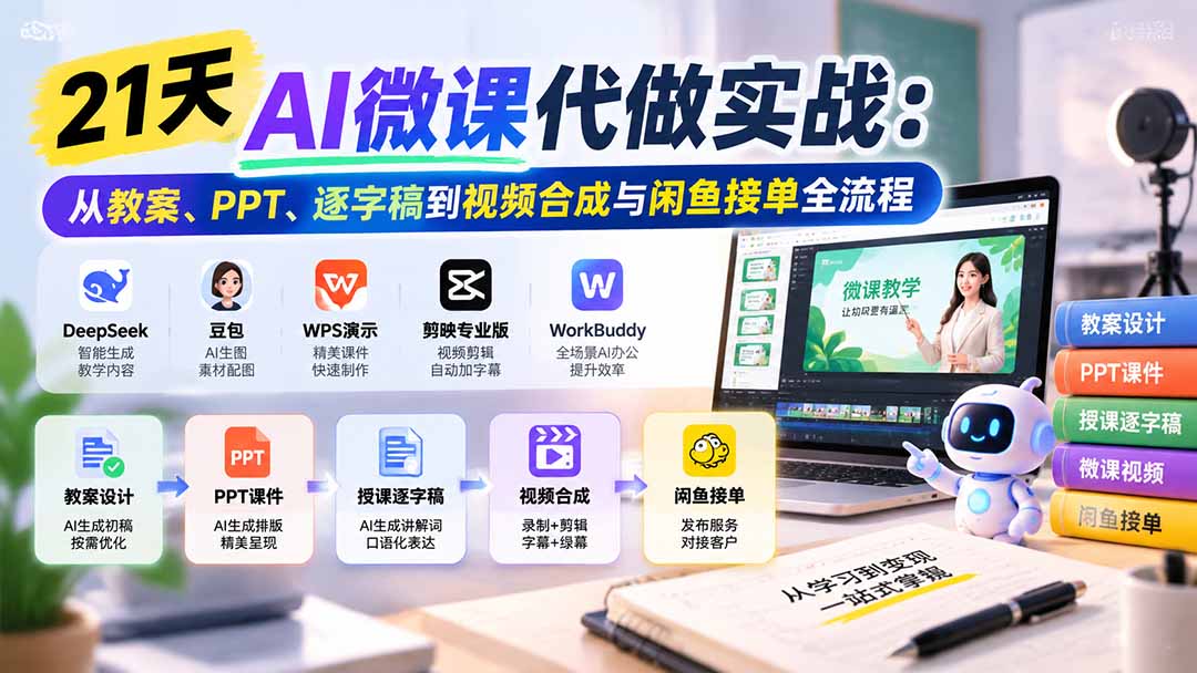 21天AI微课代做实战:从教案、PPT、逐字稿到视频合成与闲鱼接单全流程-资源社