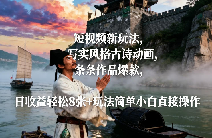 短视频新玩法，写实风格古诗动画，条条作品爆款，日收益轻松8张+玩法简单小白直接操作-资源社