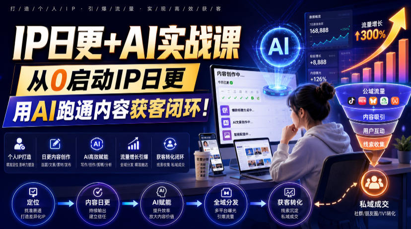 IP日更+AI实战课,从0启动IP日更,IP置顶视频制作+100条选题库搭建+10条日更规划,用AI跑通内容获客闭环!-资源社