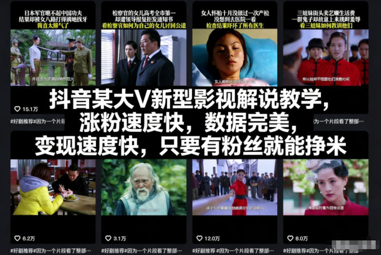 抖音某大V新型影视解说教学,涨粉速度快,数据完美,变现速度快,只要有粉丝就能挣米-资源社
