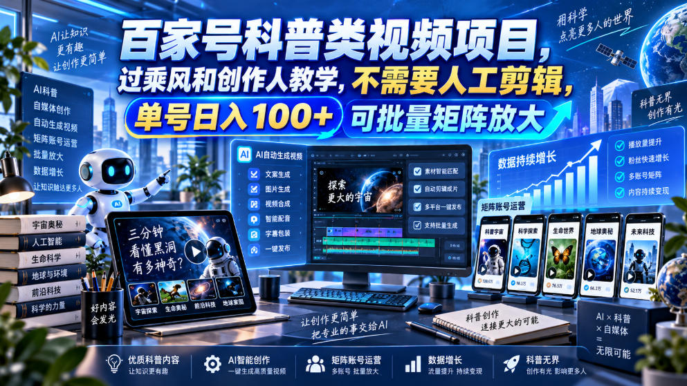 百家号科普类视频项目，过乘风和创作人教学，不需要人工剪辑，单号日入100+可批量矩阵放大-资源社