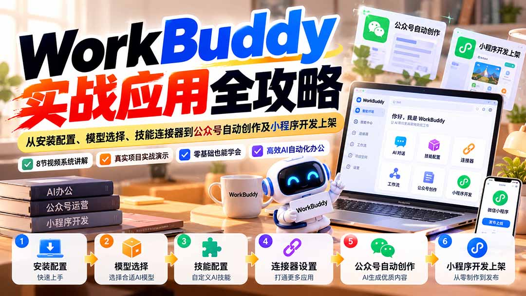 WorkBuddy 实战应用全攻略:从安装配置、模型选择、技能连接器到公众号自动创作及小程序开发上架-资源社